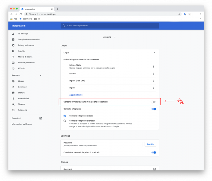 Disable automatic translation function from the Google Chrome browser settings