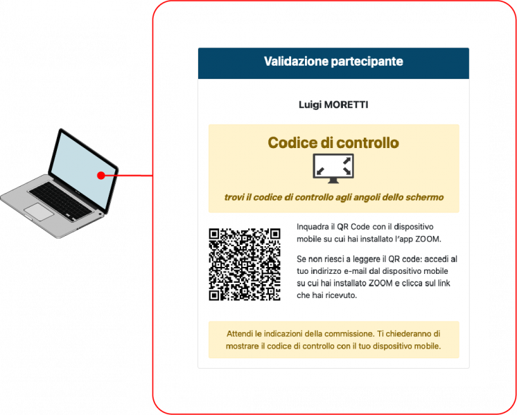 Frame the QR code to access the zoom virtual classroom and communicates the code displayed to the commissioner