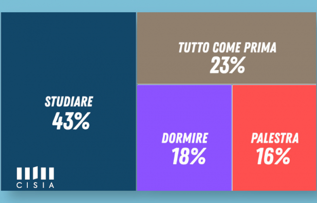 Grafici con i risultati: voglio studiare 43%, farò tutto come prima 23%, voglio dormire 18% e voglio iniziare la palestra 16%